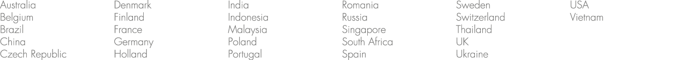 Australia Belgium Brazil China Czech Republic Denmark Finland France Germany Holland India Indonesia Malaysia Poland ...